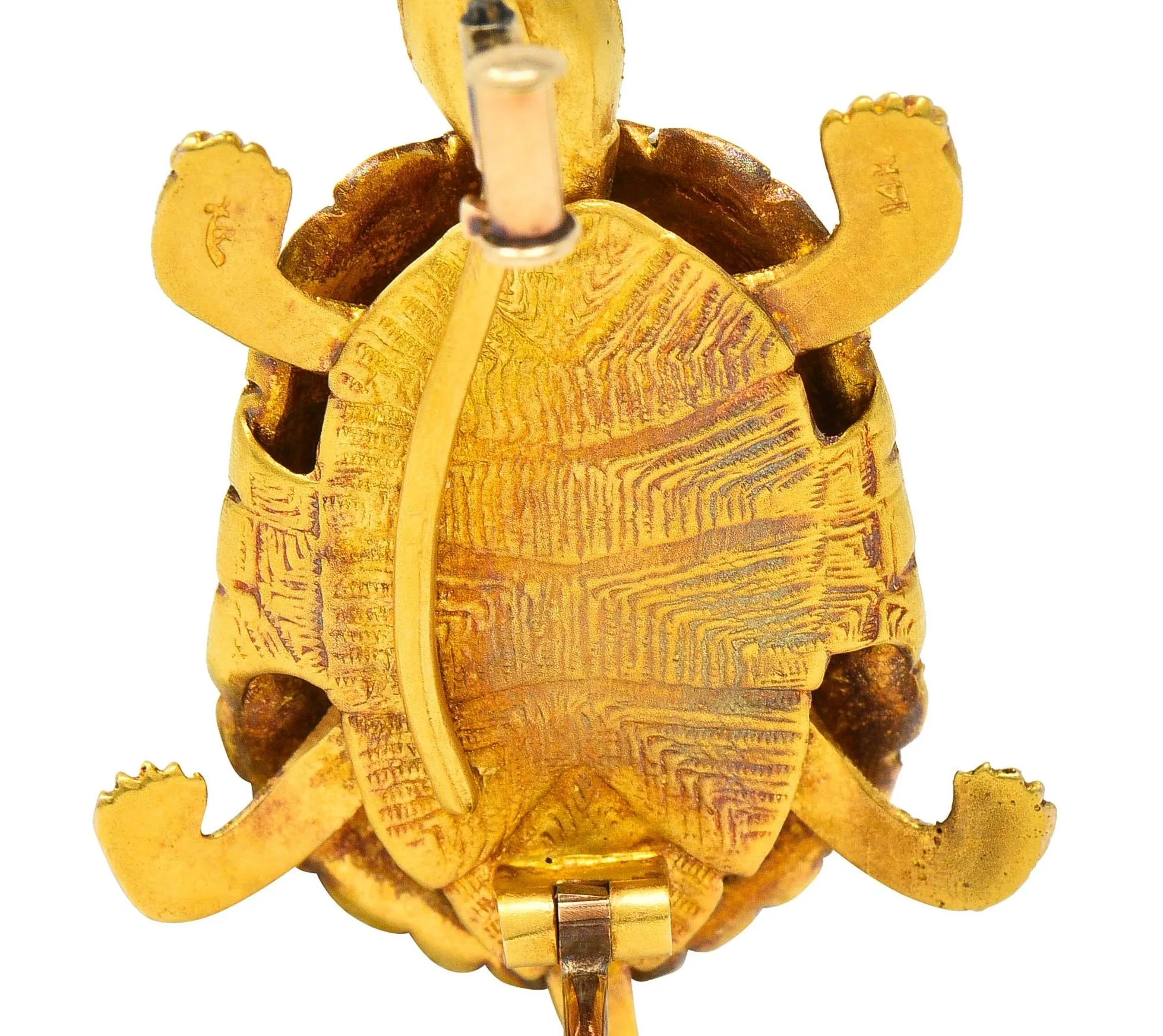Riker Brothers Art Nouveau Diamond Demantoid Garnet Pearl Ruby 14 Karat Gold Antique Turtle Brooch