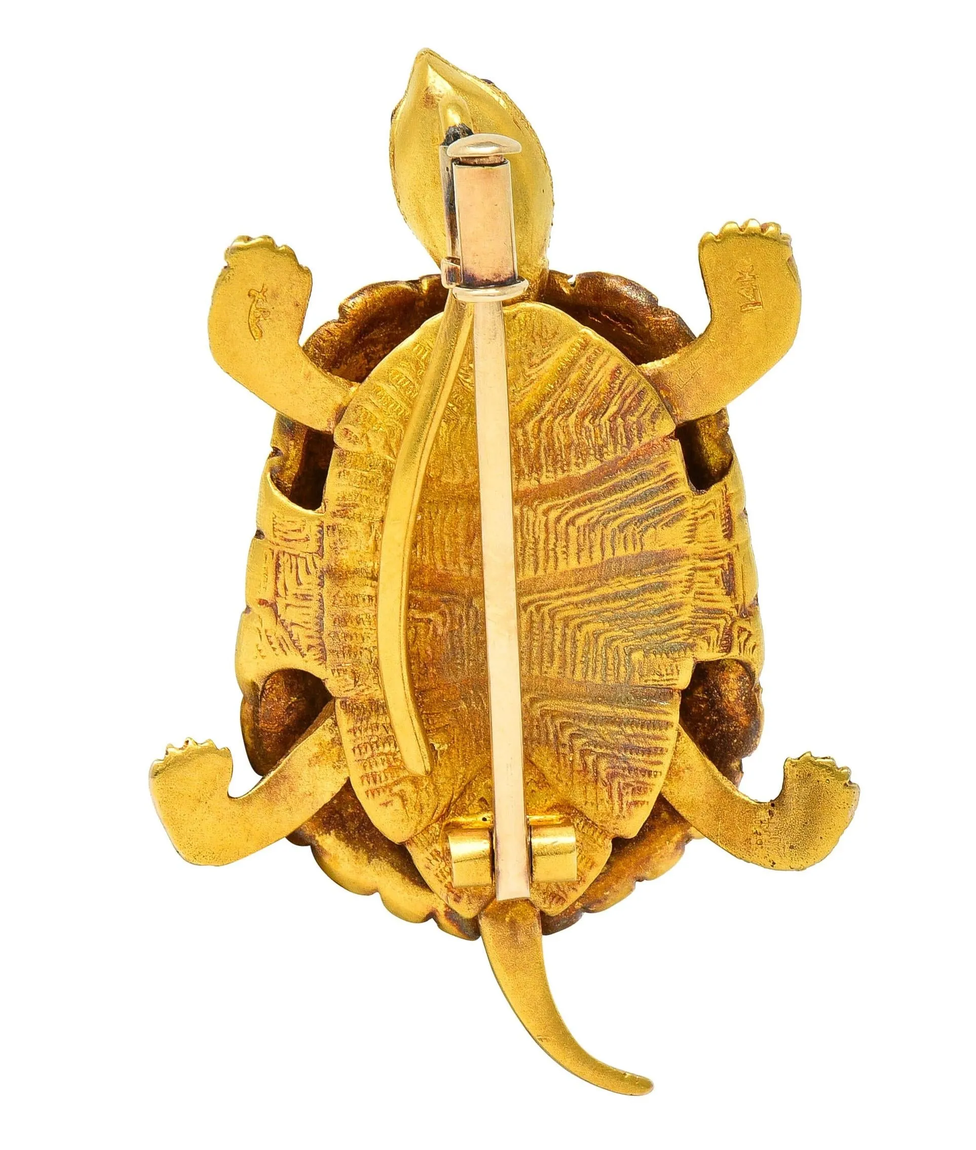 Riker Brothers Art Nouveau Diamond Demantoid Garnet Pearl Ruby 14 Karat Gold Antique Turtle Brooch
