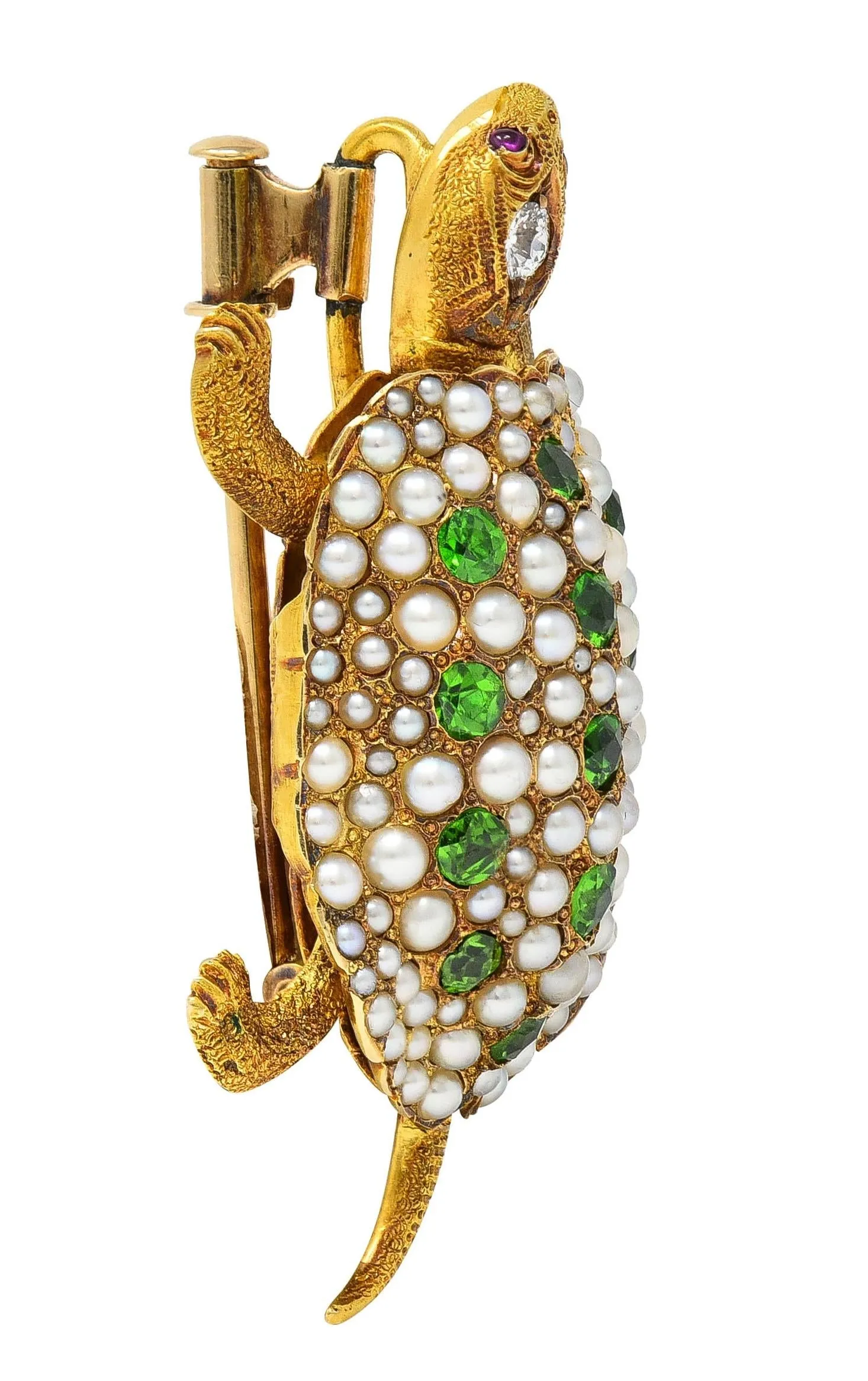 Riker Brothers Art Nouveau Diamond Demantoid Garnet Pearl Ruby 14 Karat Gold Antique Turtle Brooch