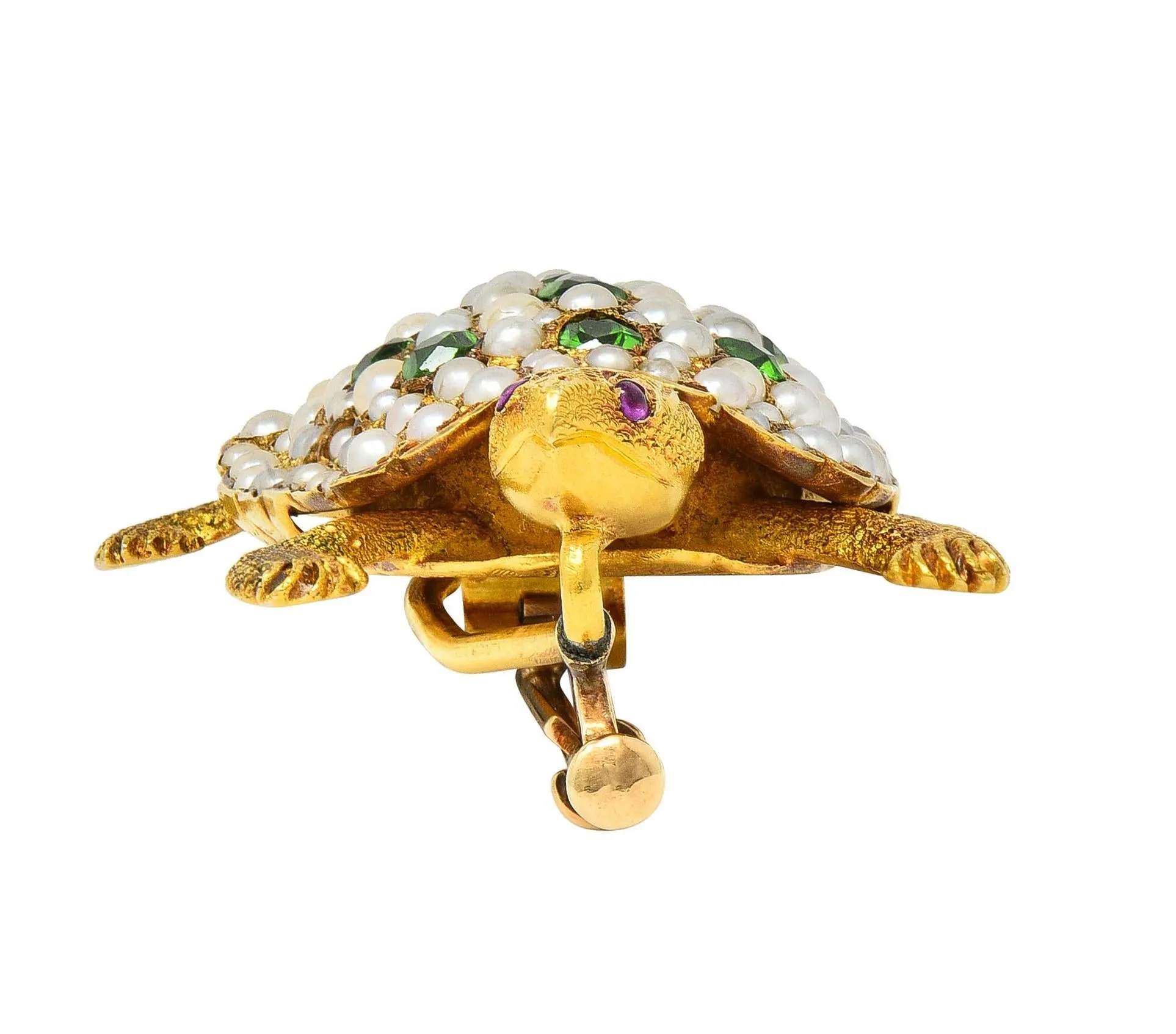 Riker Brothers Art Nouveau Diamond Demantoid Garnet Pearl Ruby 14 Karat Gold Antique Turtle Brooch