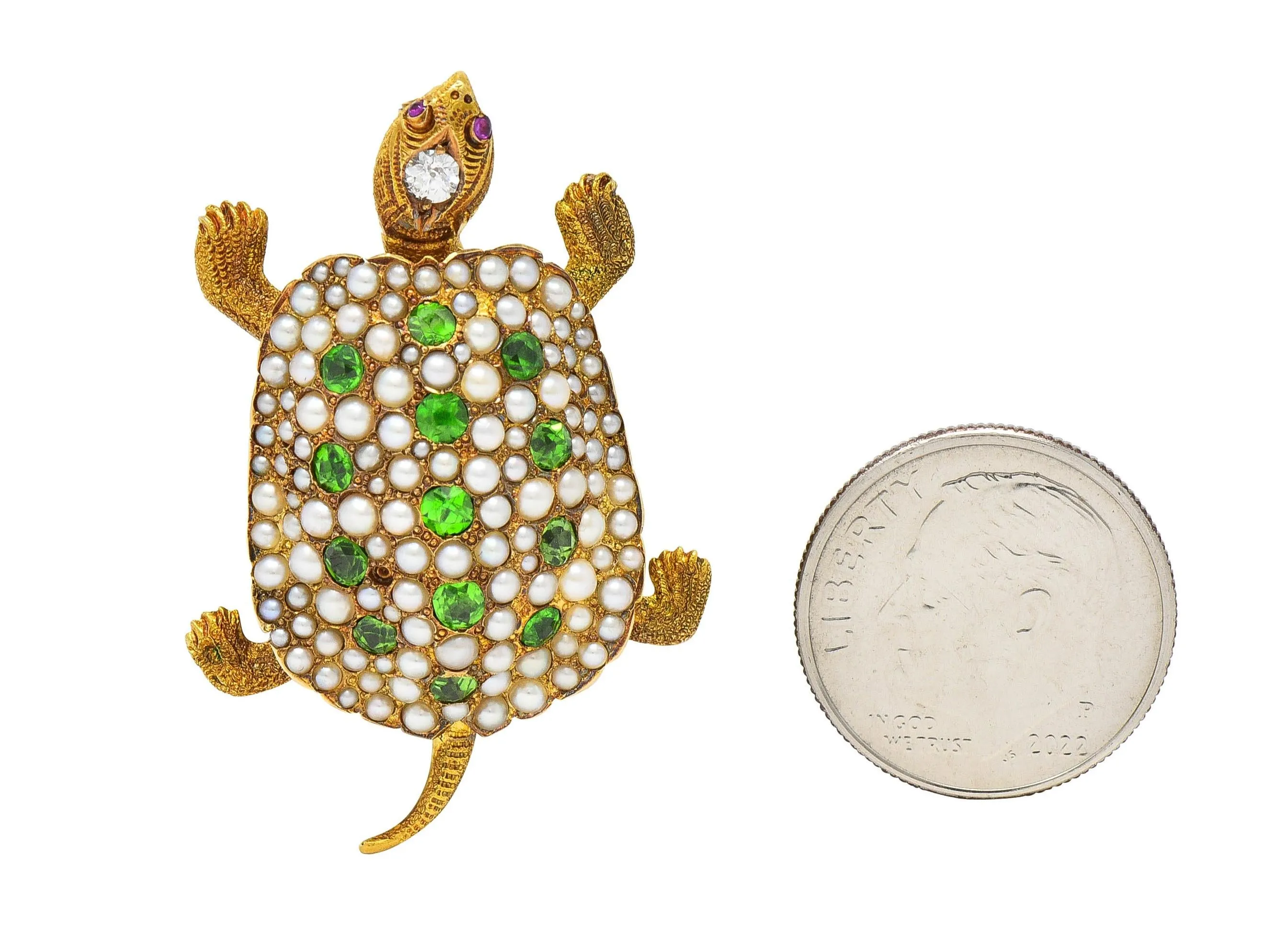 Riker Brothers Art Nouveau Diamond Demantoid Garnet Pearl Ruby 14 Karat Gold Antique Turtle Brooch