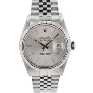 Rolex Datejust 16030 36mm Silver Stacked Index Dial Engine-Turned Bezel Jubilee Band