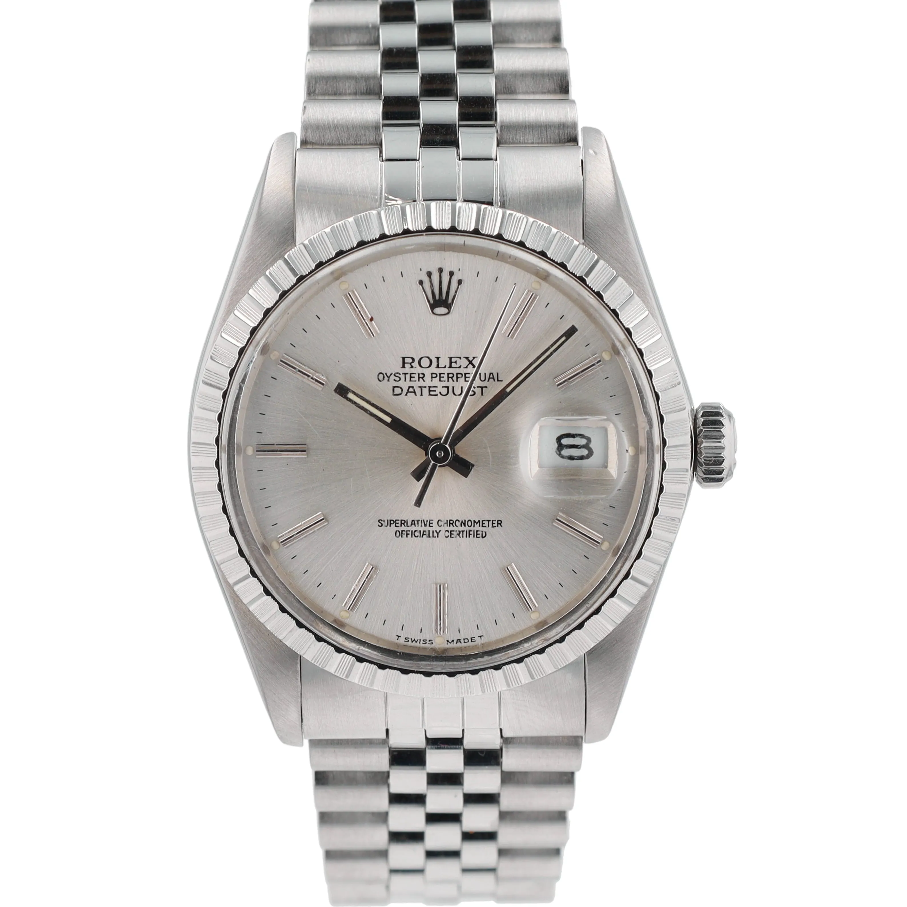 Rolex Datejust 16030 36mm Silver Stacked Index Dial Engine-Turned Bezel Jubilee Band
