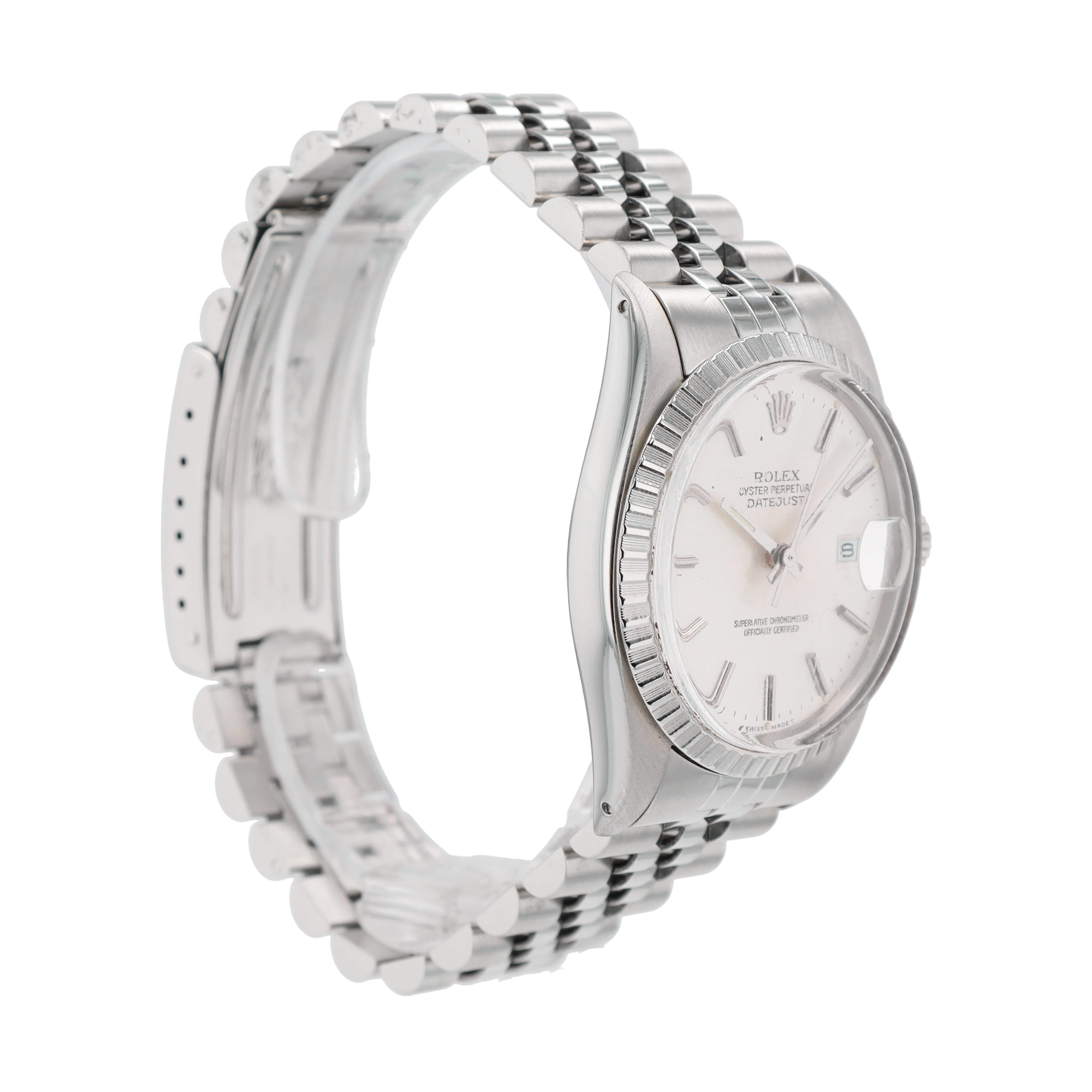 Rolex Datejust 16030 36mm Silver Stacked Index Dial Engine-Turned Bezel Jubilee Band