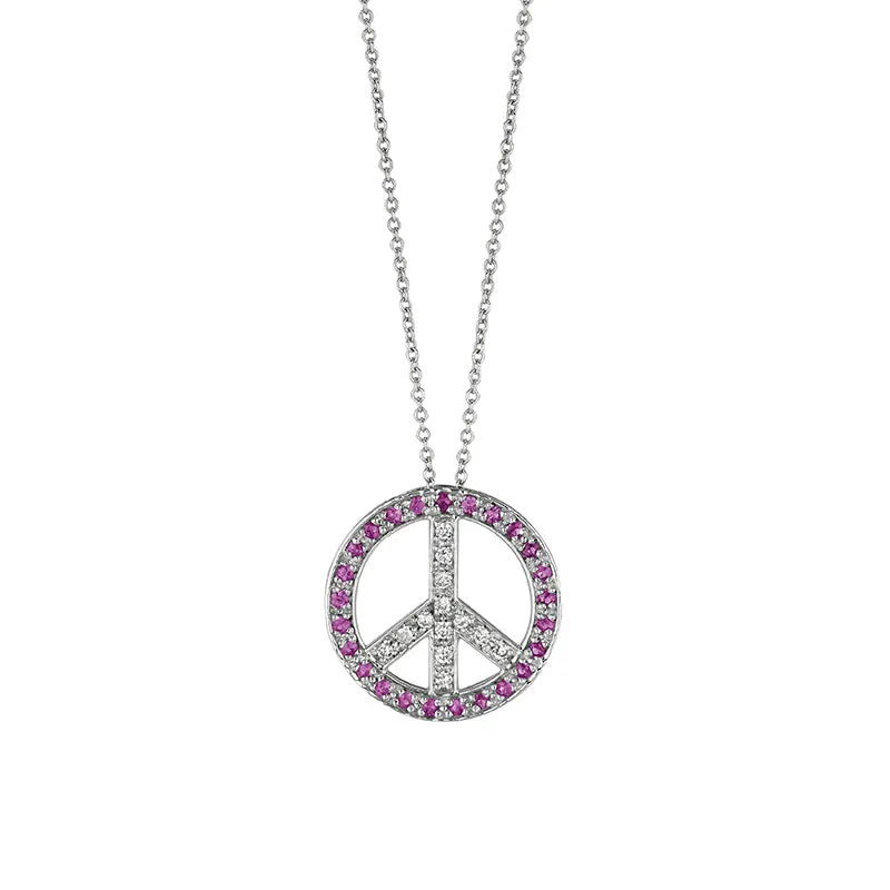 Rose Sapphire & Diamond Peace Sign Pendant Necklace 14K White  Gold (0.51 Ctw)