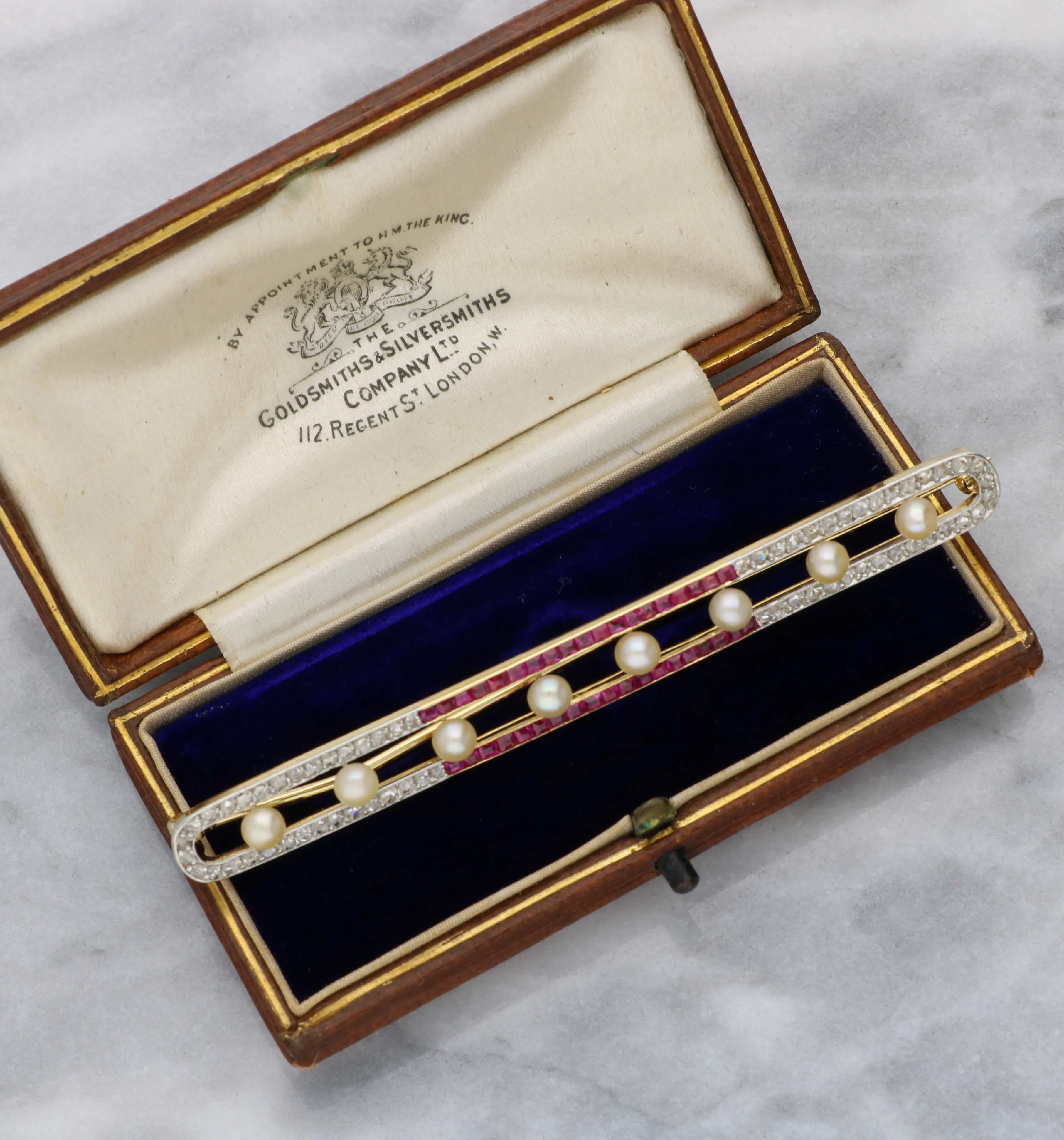 Ruby, pearl and rose-cut diamond bar brooch