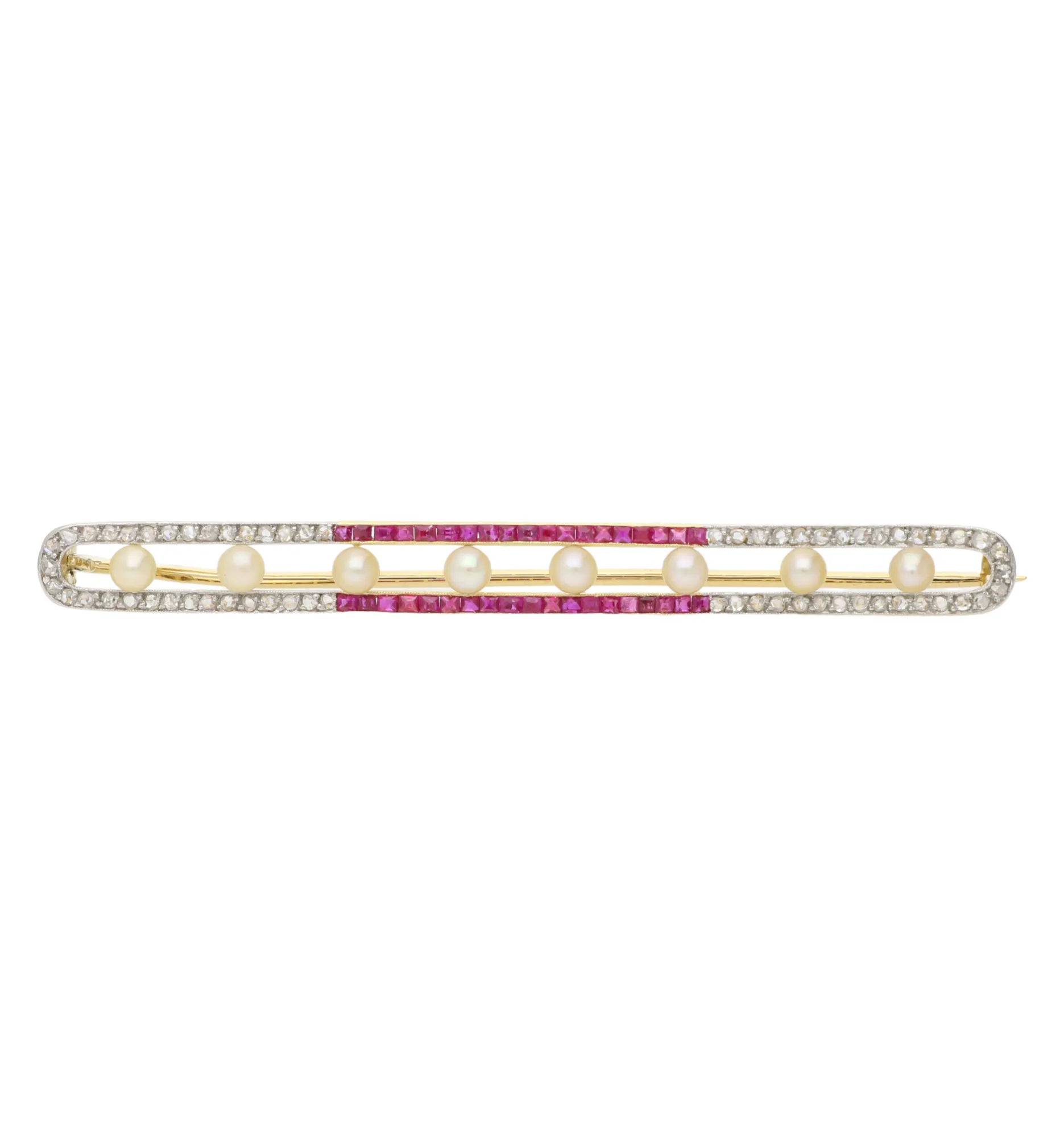 Ruby, pearl and rose-cut diamond bar brooch