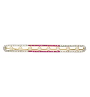 Ruby, pearl and rose-cut diamond bar brooch
