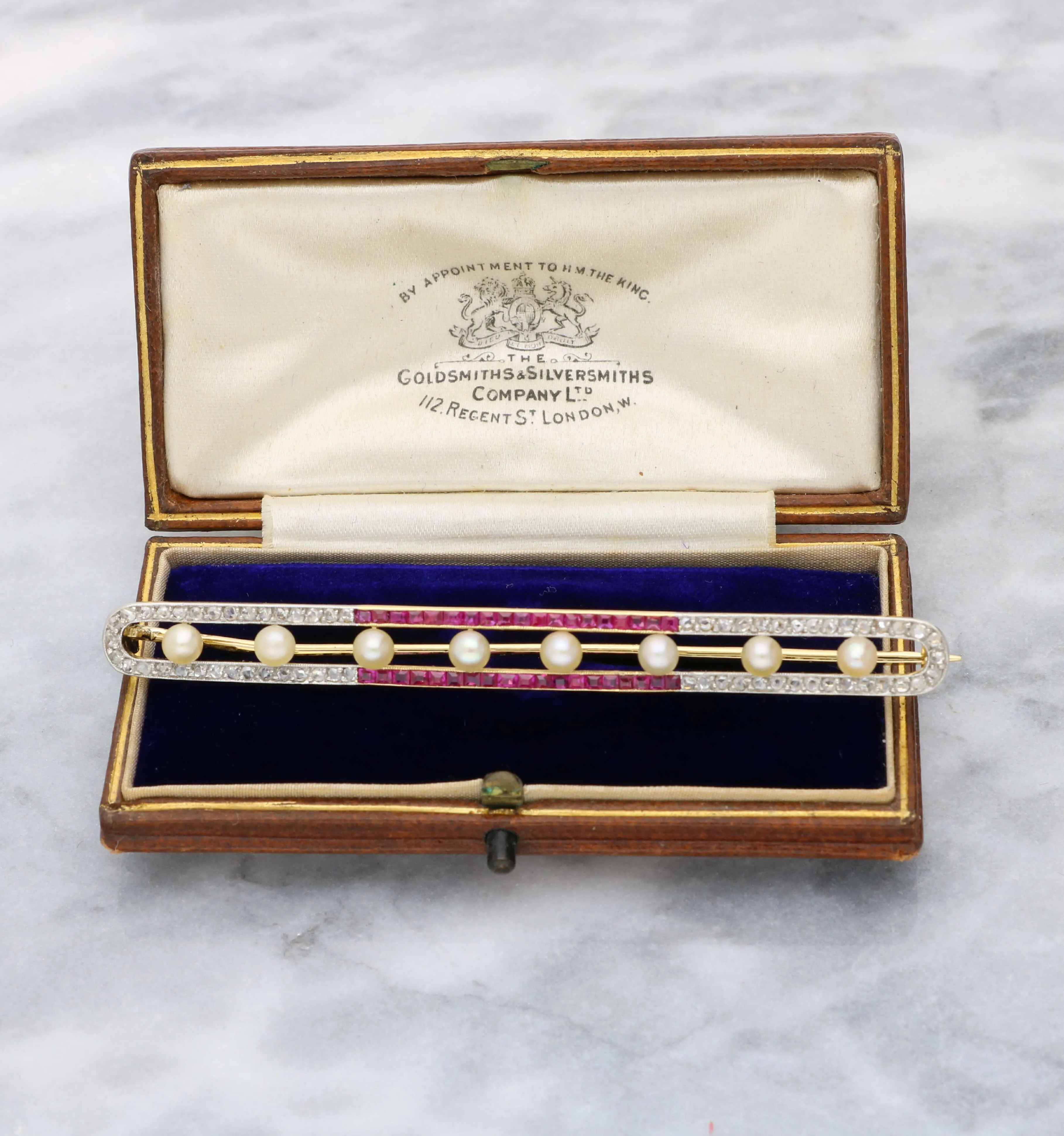 Ruby, pearl and rose-cut diamond bar brooch