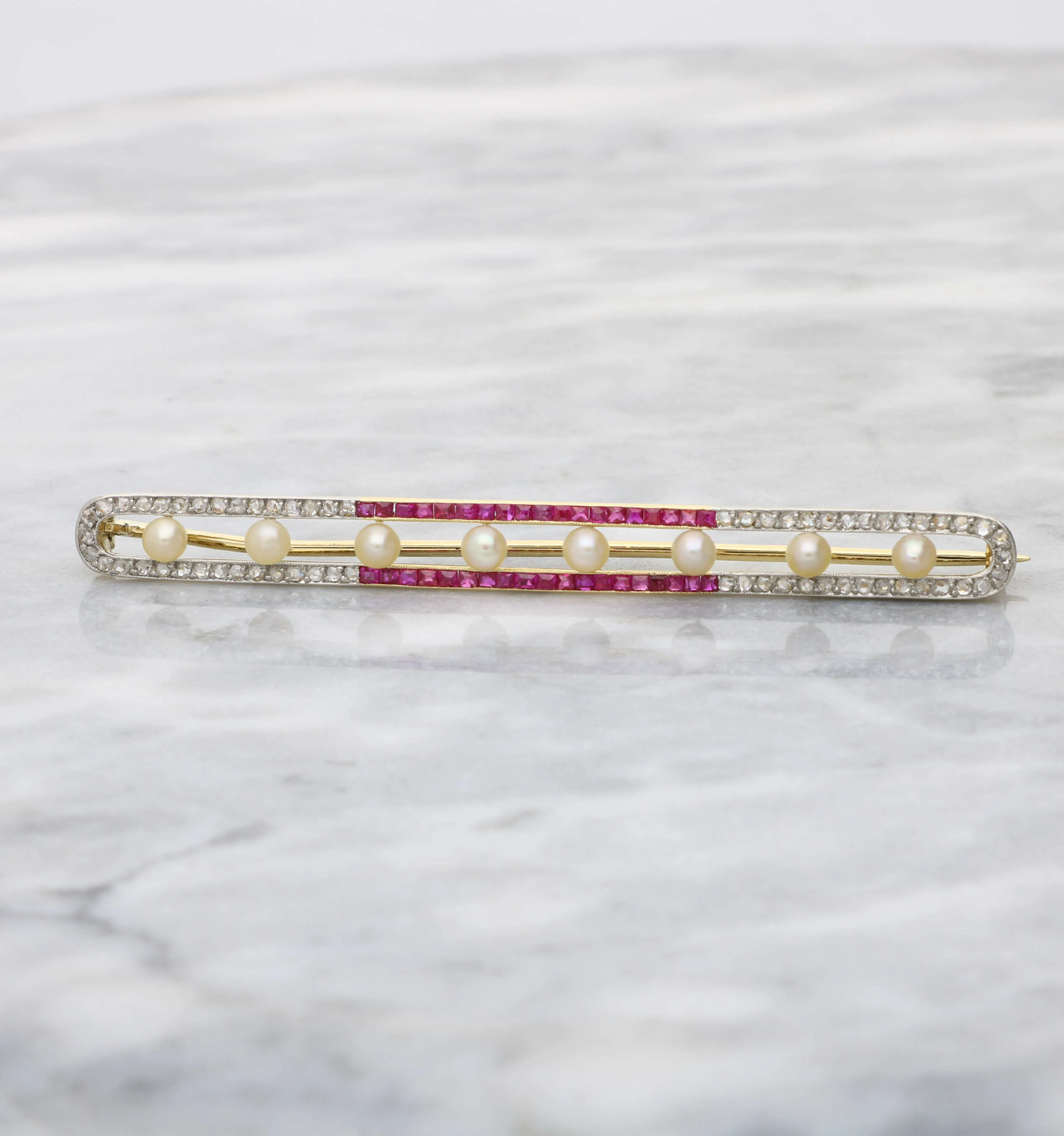 Ruby, pearl and rose-cut diamond bar brooch