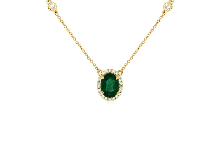Sabel Collection Yellow Gold Oval Emerald and Diamond Halo Station Necklace