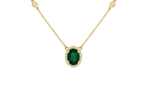 Sabel Collection Yellow Gold Oval Emerald and Diamond Halo Station Necklace