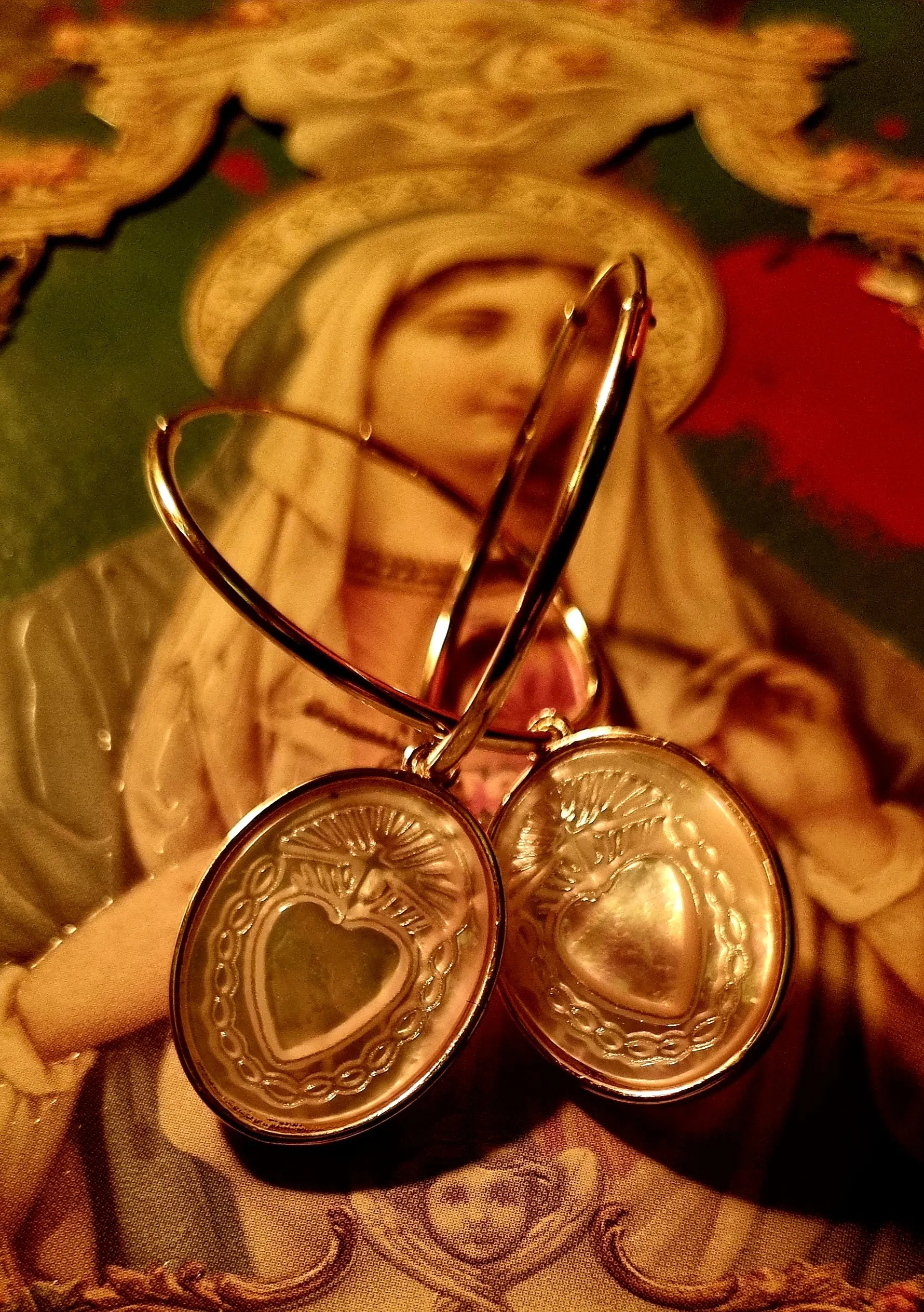 Sacred heart carved mother of pearl earrings and necklace