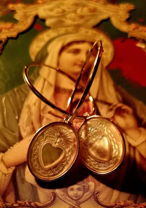 Sacred heart carved mother of pearl earrings and necklace