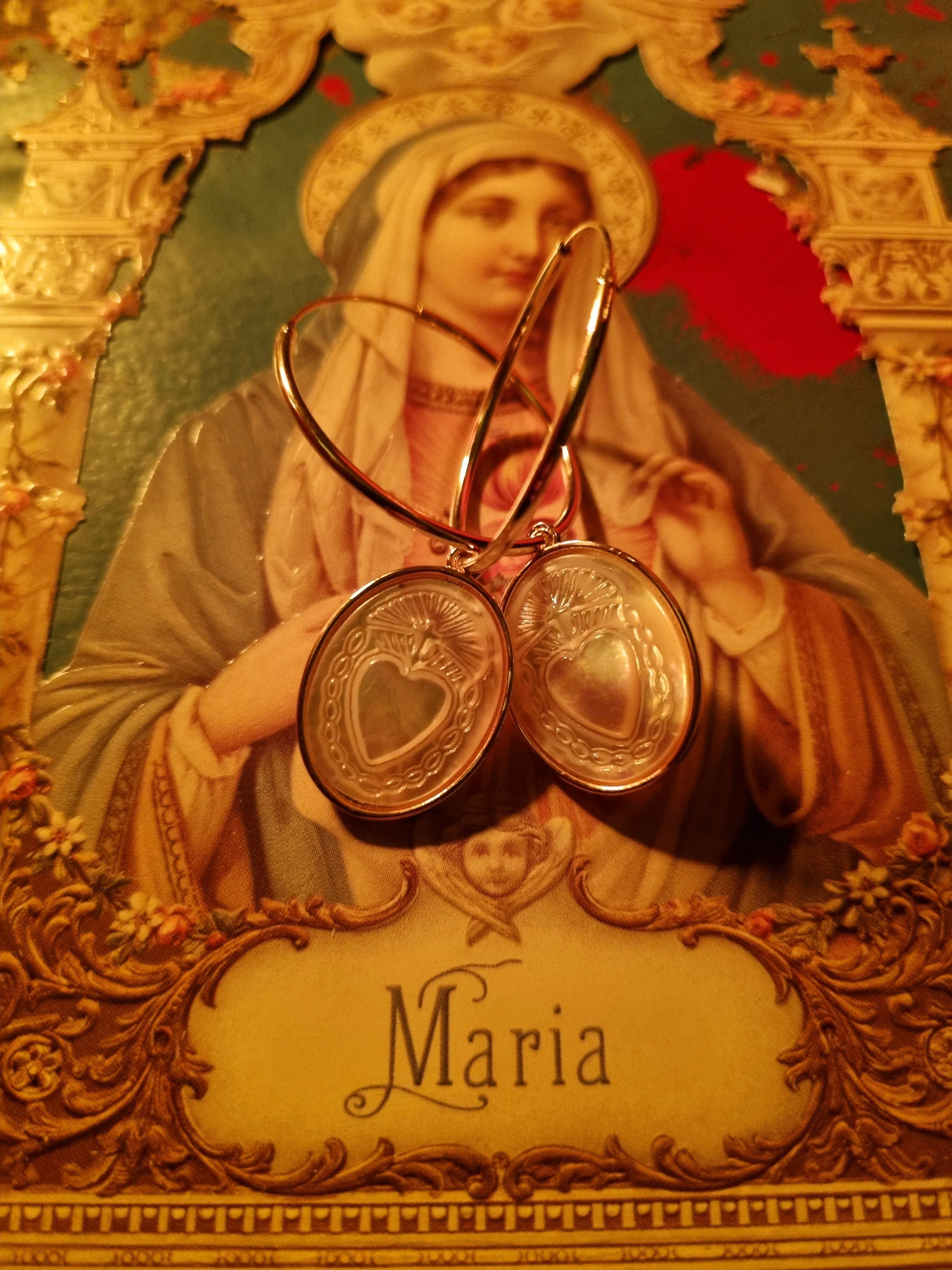 Sacred heart carved mother of pearl earrings and necklace