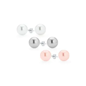 Set of 3 Grey Pink White Simulated Pearl Ball Stud Earrings Sterling Silver 12MM