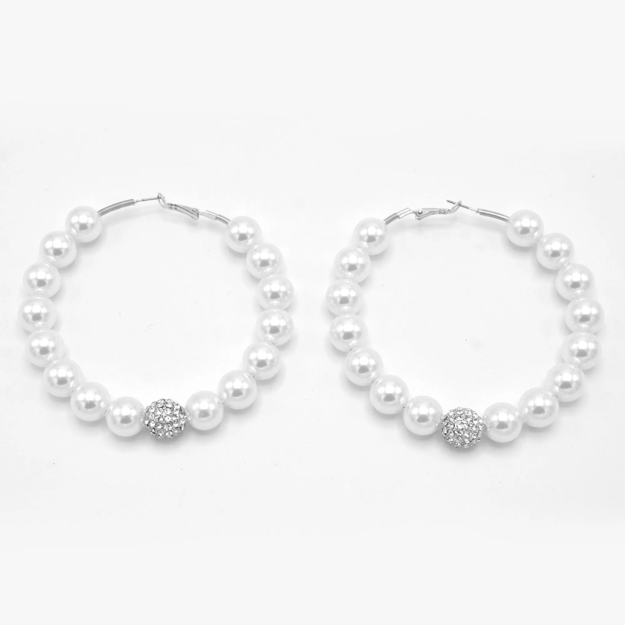 SILVER CREAM PEARL HOOP EARRINGS # HNE90690RDWH(RC11)