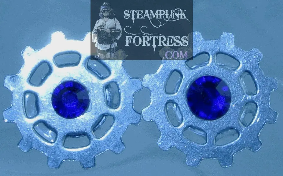 SILVER GEARS SPOKE 4MM SAPPHIRE BLUE SWAROVSKI CRYSTALS STUDS PIERCED EARRINGS WATCH CLOCK STARR WILDE STEAMPUNK FORTRESS