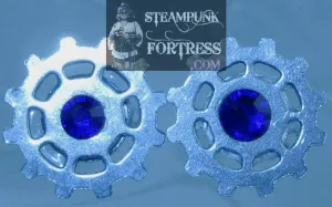 SILVER GEARS SPOKE 4MM SAPPHIRE BLUE SWAROVSKI CRYSTALS STUDS PIERCED EARRINGS WATCH CLOCK STARR WILDE STEAMPUNK FORTRESS