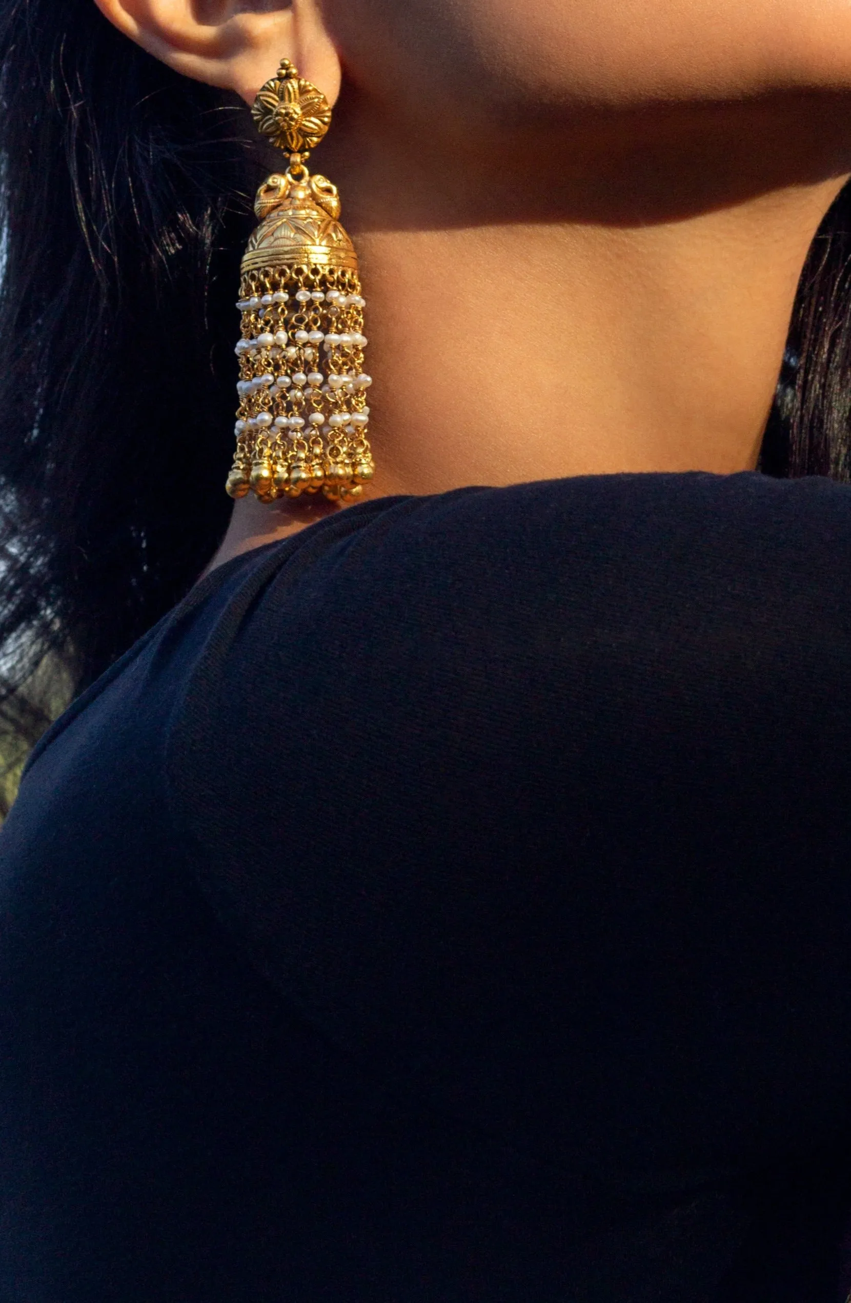 Silver Gold Plated Floral Carved Multi Pearl Strand Jhumki Earrings