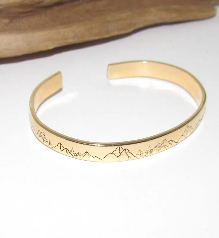 Skinny gold stacking Mountain cuff, tree cuff bracelet, mountain lover gift, adjustable silver cuff, stamped jewelry, stamped cuff bracelet