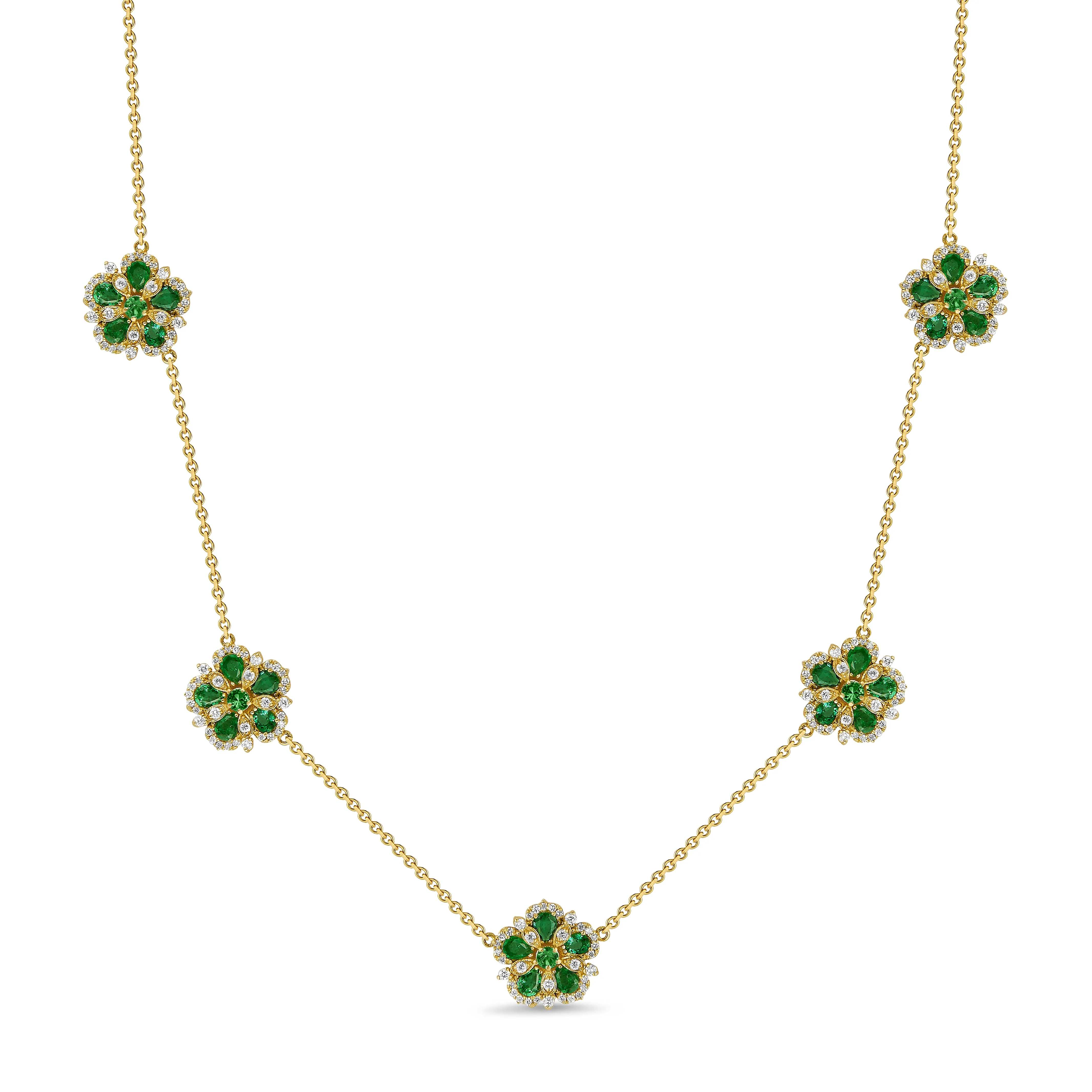 Small Jasmine Bloom 5 Station Necklace with Emeralds & Diamonds
