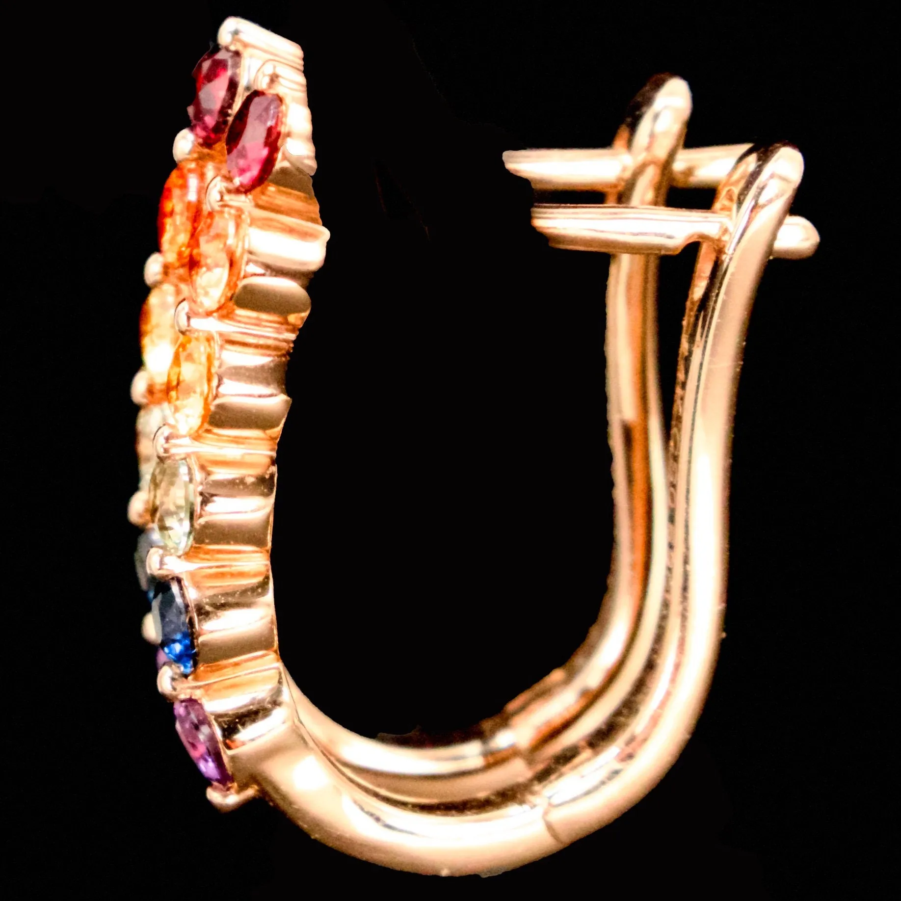 Small Rainbow Sapphire Rose Gold Drop Earrings with Latch Backs