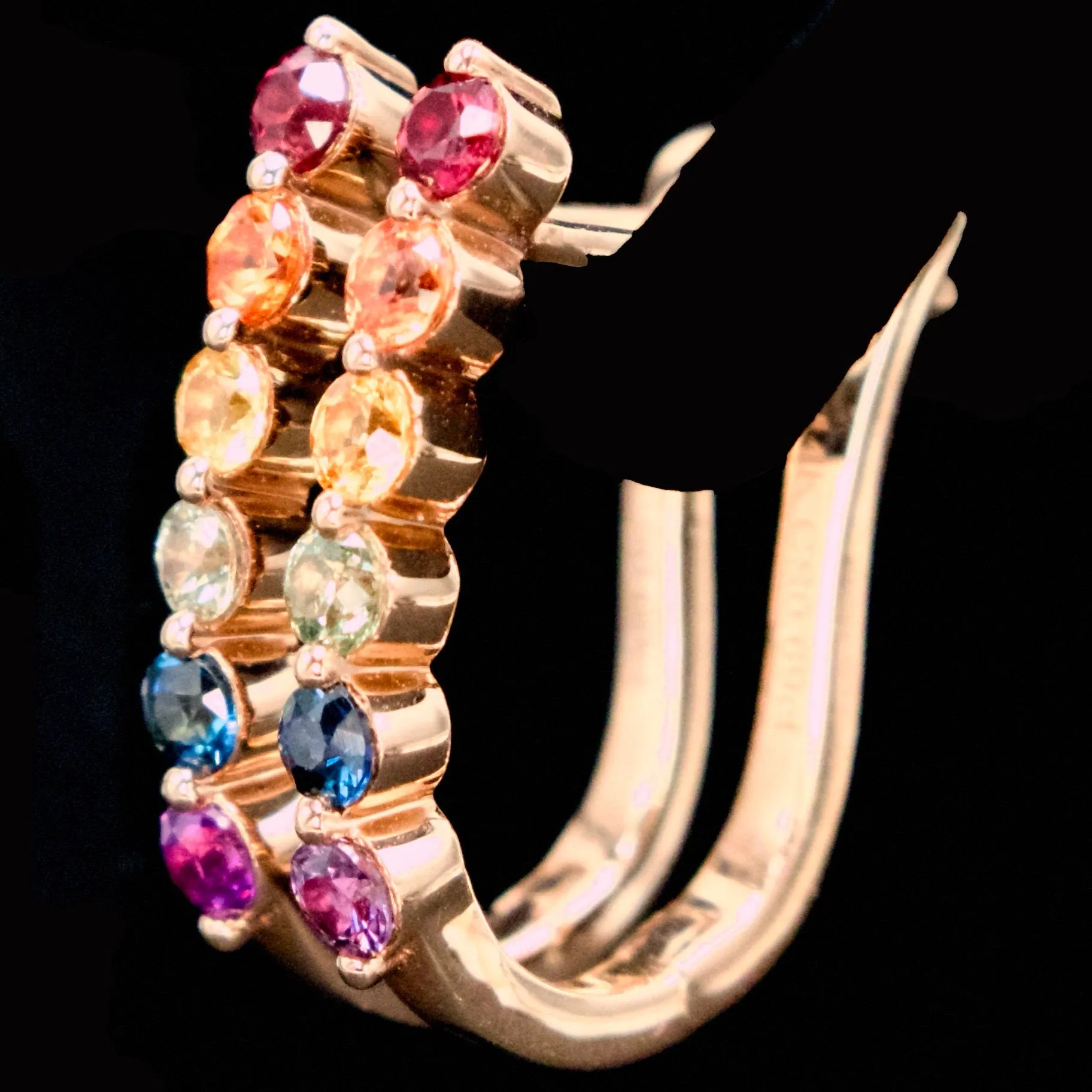 Small Rainbow Sapphire Rose Gold Drop Earrings with Latch Backs