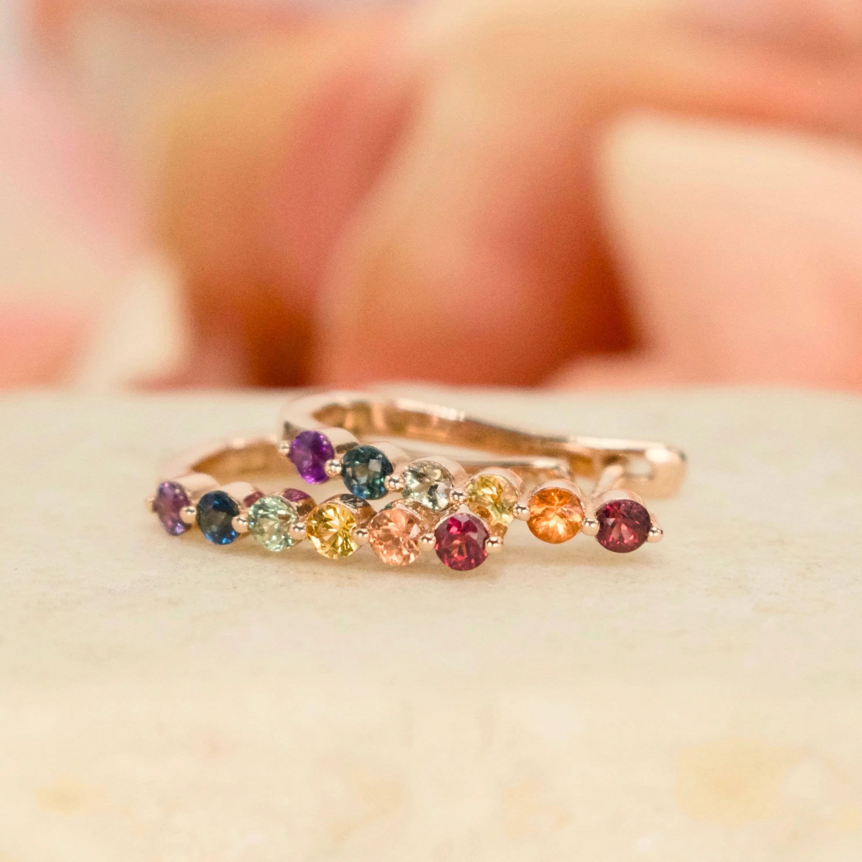 Small Rainbow Sapphire Rose Gold Drop Earrings with Latch Backs