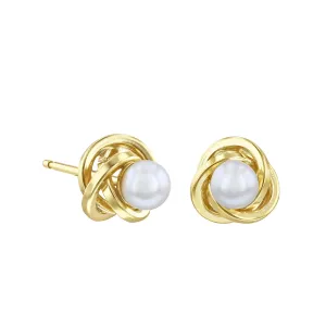 Soleil Collection Pearl and Knot Stud Earrings | 9K Yellow Gold