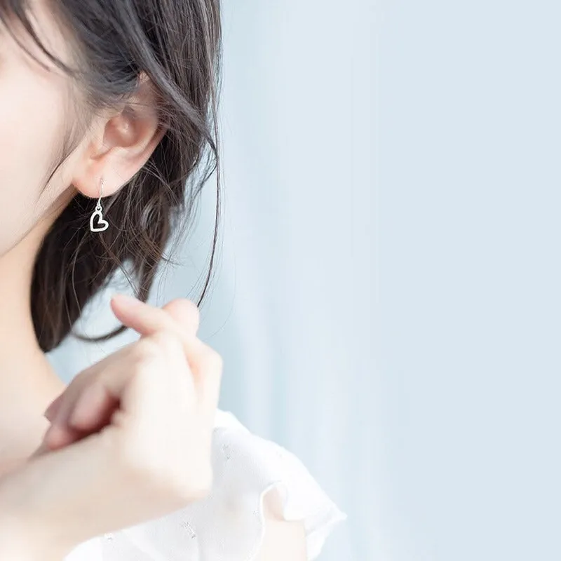 Solid Silver Matte Hollow out Heart Hook Earrings -SS037