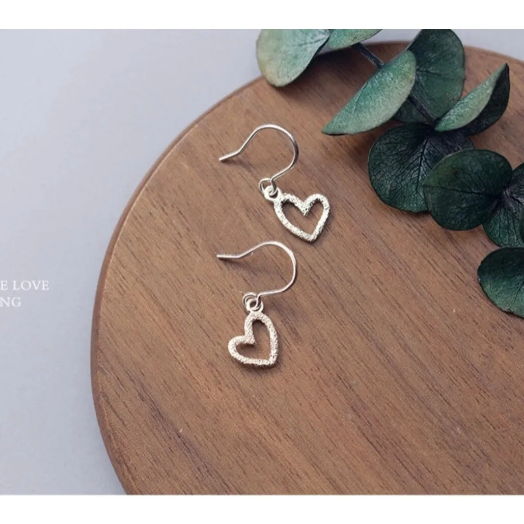 Solid Silver Matte Hollow out Heart Hook Earrings -SS037