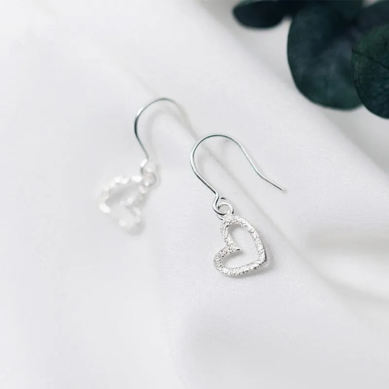 Solid Silver Matte Hollow out Heart Hook Earrings -SS037