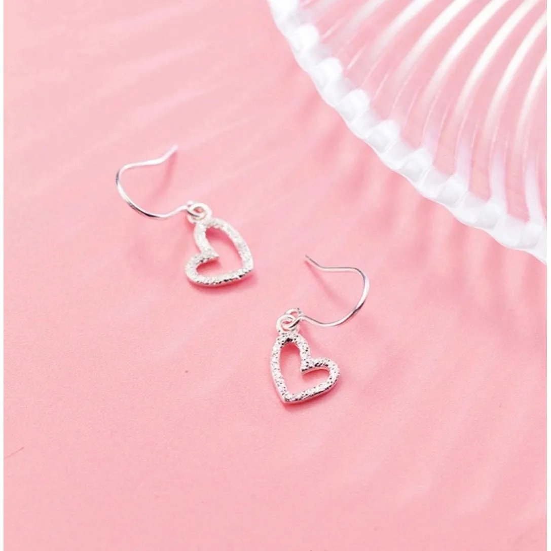 Solid Silver Matte Hollow out Heart Hook Earrings -SS037