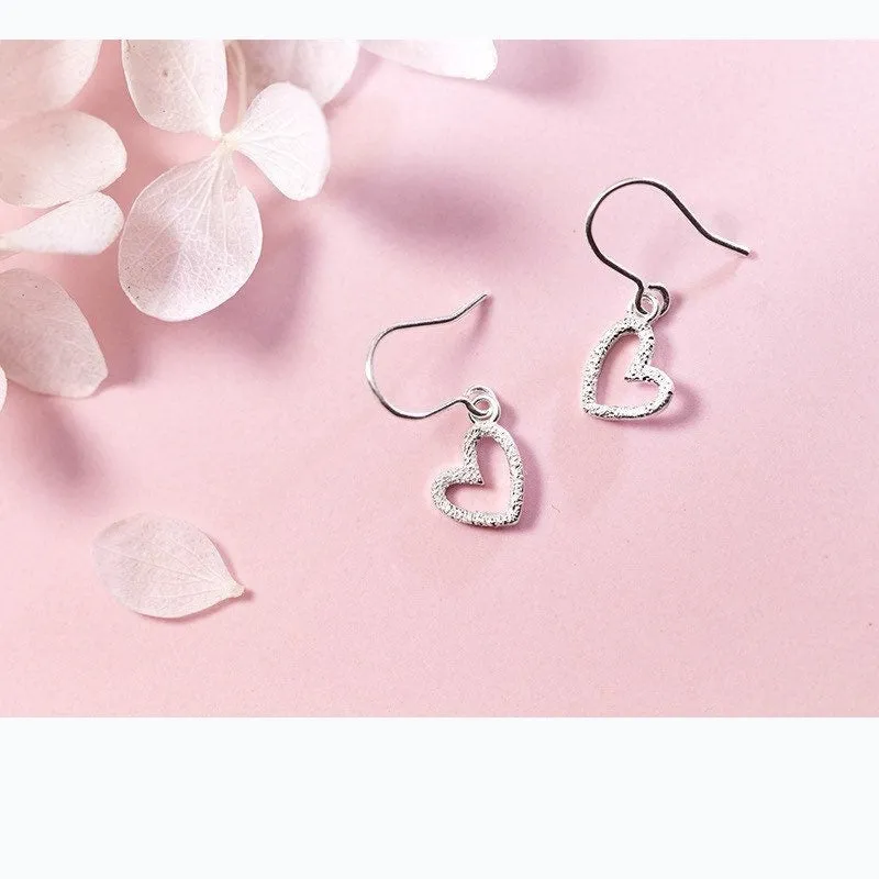 Solid Silver Matte Hollow out Heart Hook Earrings -SS037