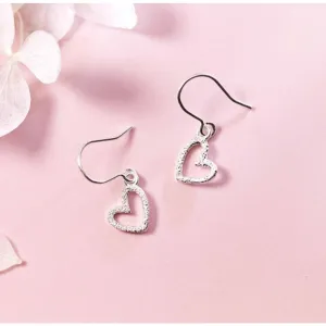 Solid Silver Matte Hollow out Heart Hook Earrings -SS037
