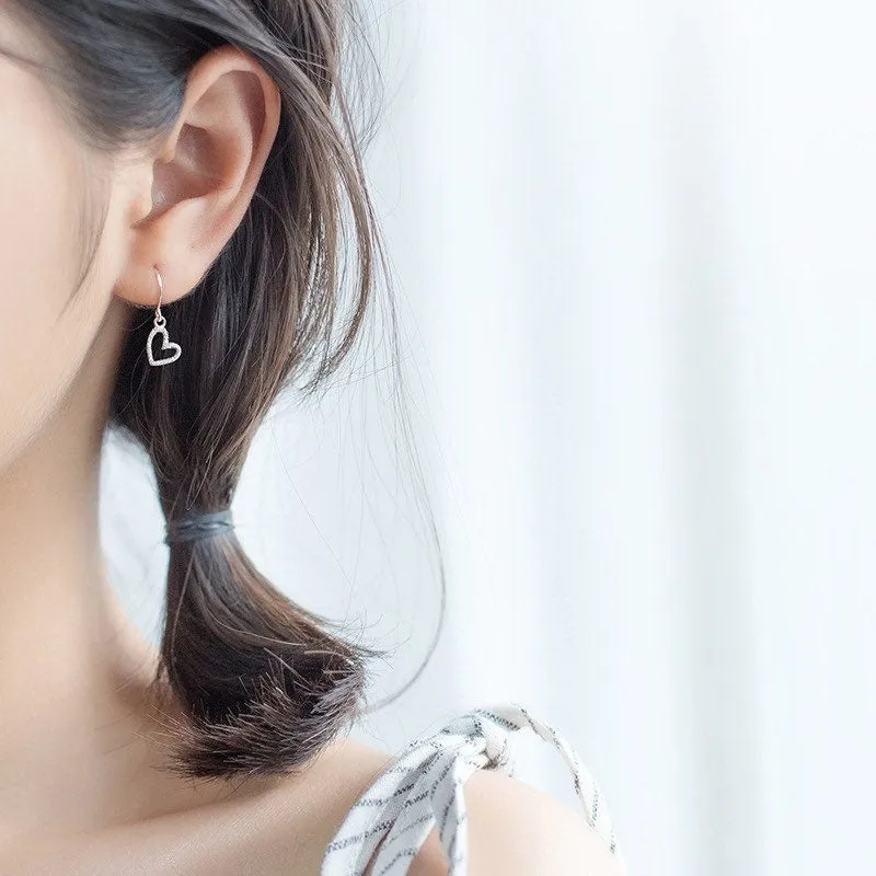 Solid Silver Matte Hollow out Heart Hook Earrings -SS037