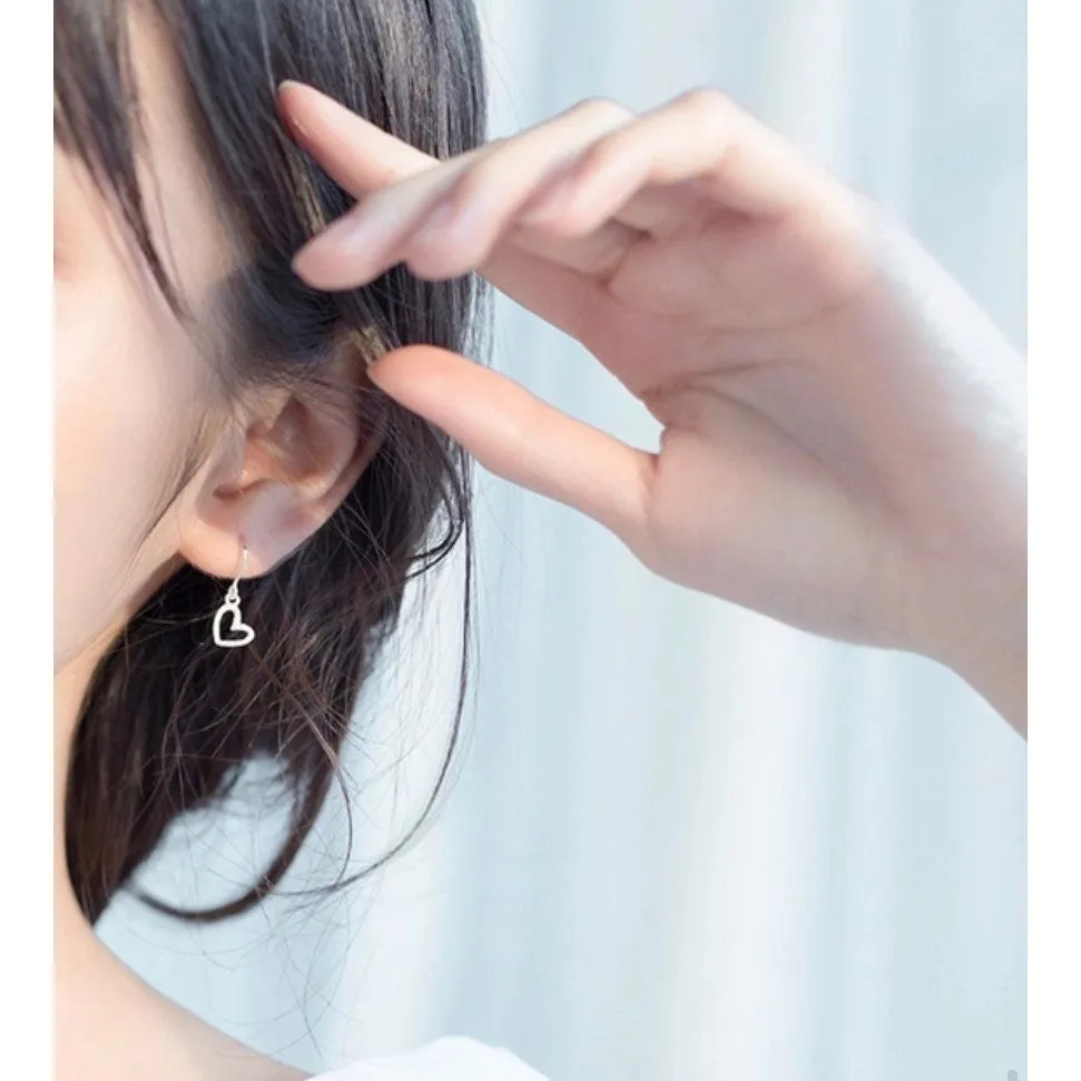 Solid Silver Matte Hollow out Heart Hook Earrings -SS037