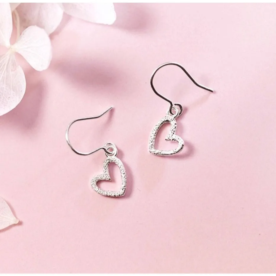 Solid Silver Matte Hollow out Heart Hook Earrings -SS037