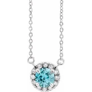 Sterling Silver 5.5 mm Natural Blue Zircon 1/10 CTW Natural Diamond 16" Necklace
