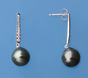 Sterling Silver Earrings with 10-11mm Tahitian Pearl and Cubic Zirconia