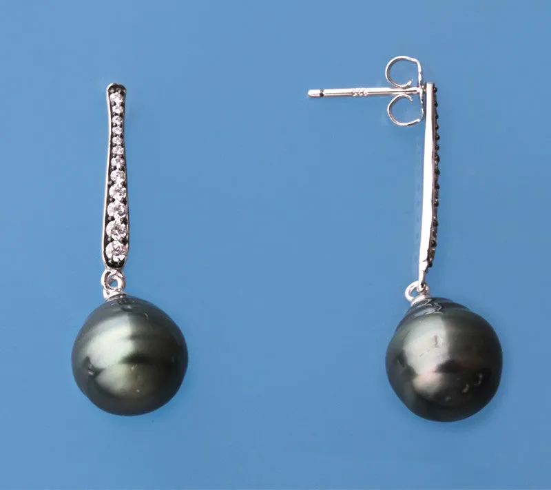 Sterling Silver Earrings with 10-11mm Tahitian Pearl and Cubic Zirconia