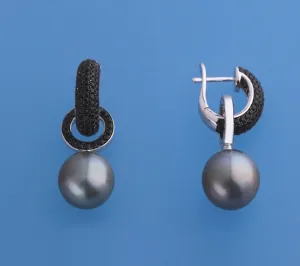 Sterling Silver Earrings with 11-12mm Drop Shape Tahitian Pearl and Black Spinel
