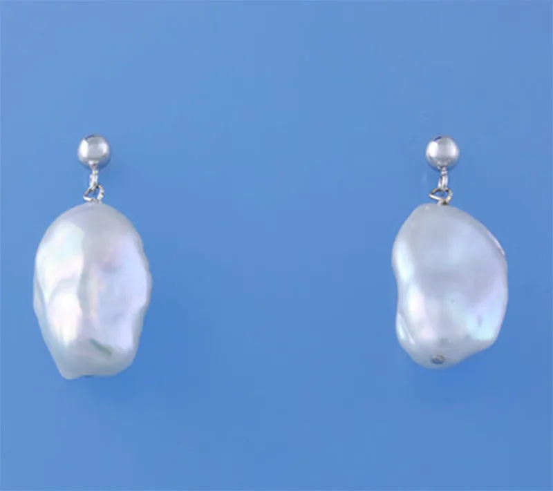 Sterling Silver Earrings with 13-14mm Baroque Shape Freshwater Pearl and Silver Ball