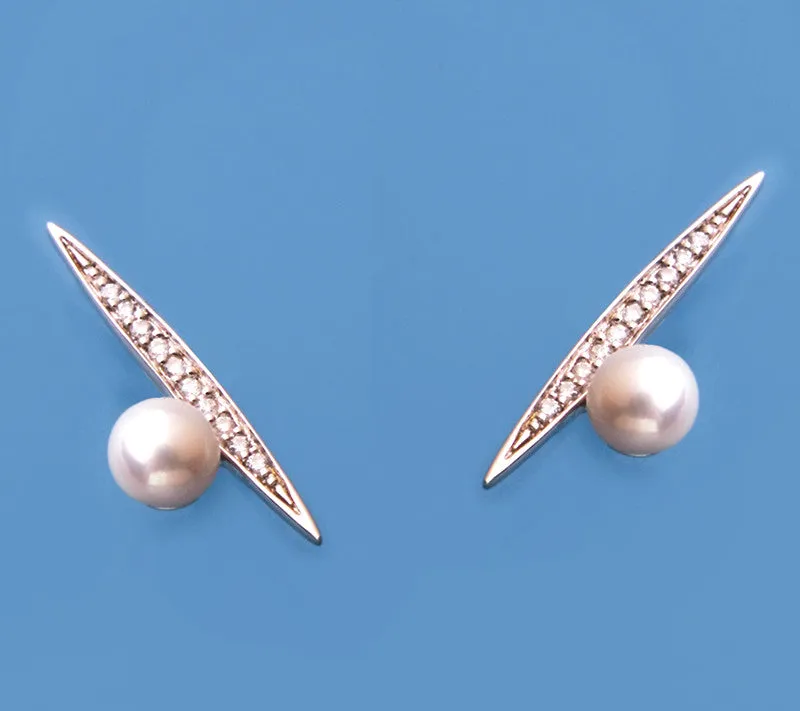 Sterling Silver Earrings with 5mm Round Shape Freshwater Pearl and Cubic Zirconia