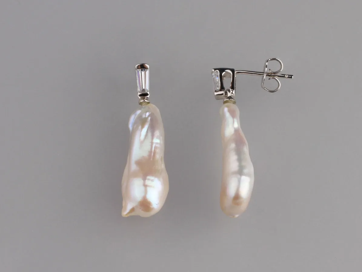 Sterling Silver Earrings with 8.5-9.5mm Baroque Shape Freshwater Pearl and Cubic Zirconia