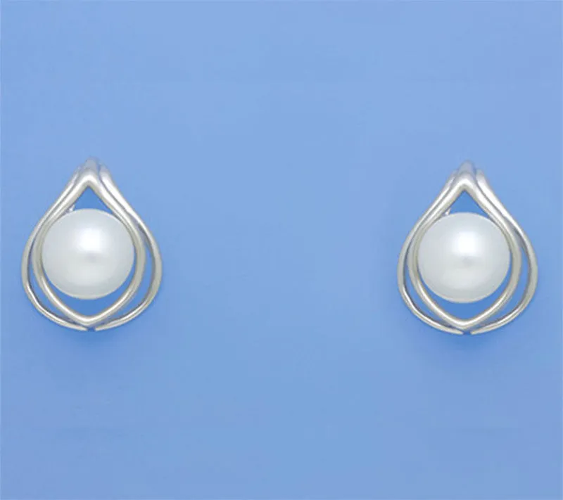 Sterling Silver Earrings with 9-9.5mm Button Shape Freshwater Pearl
