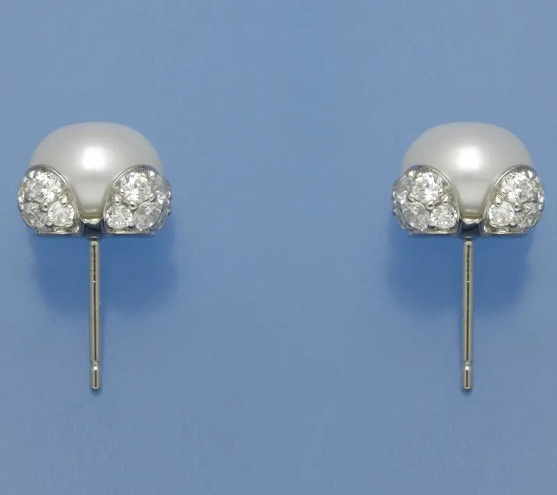 Sterling Silver Earrings with 9.5-10mm Button Shape Freshwater Pearl and Cubic Zirconia