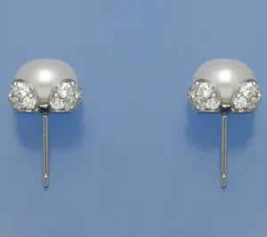 Sterling Silver Earrings with 9.5-10mm Button Shape Freshwater Pearl and Cubic Zirconia