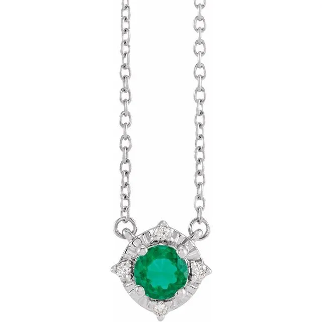 Sterling Silver Lab-Grown Emerald & .04 CTW Natural Diamond Halo-Style 18" Necklace